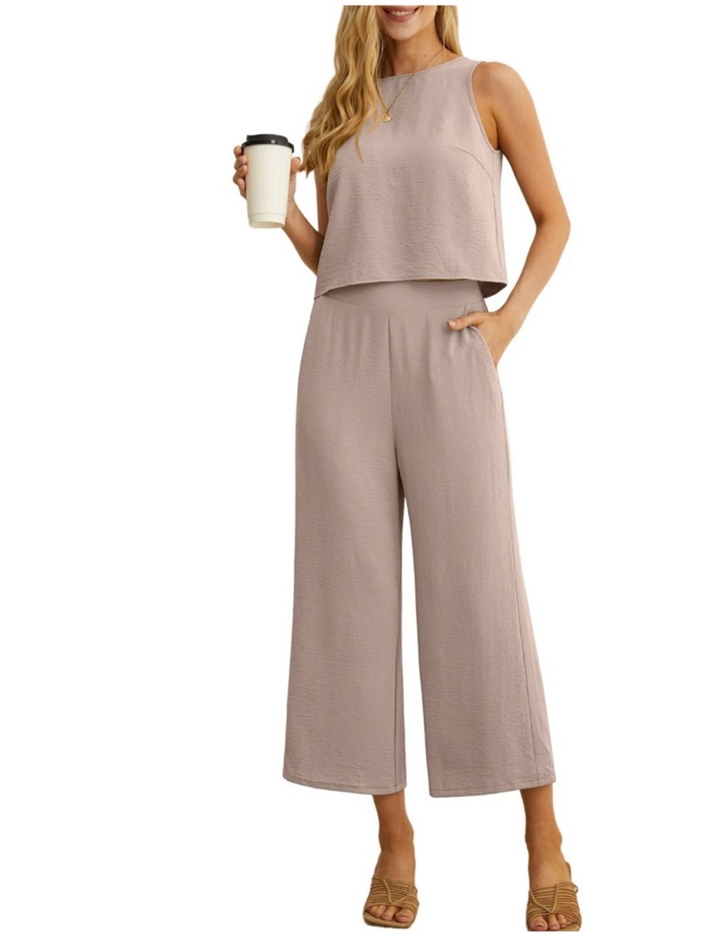 Women’s Summer Sleeveless Crop Top Wide Leg Pant w/Pockets 2 Piece Lounge Set 2X